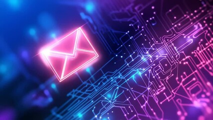 Neon email symbol over circuit board - Powered by Adobe