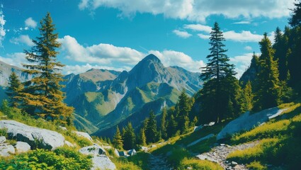 A Blue Sky Beautiful Nature Green Forest Mountains Hiking Journey with Empty Copy Space For Text