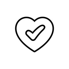 Outline Check Mark Design within a Black Heart Shape Icon Expressing Love and Agreement in a Modern Minimalist Style on Isolated White Background Vector Symbol