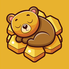 Cartoon Bear Sleeping on Honeycomb – Animal and Food Concept Vector Icon Isolated
