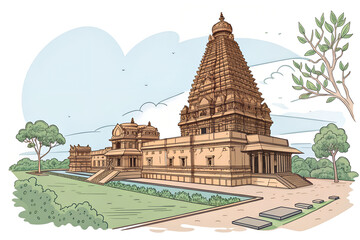Brihadeeswarar Temple in Tamil Nadu in clean line vector art generative ai