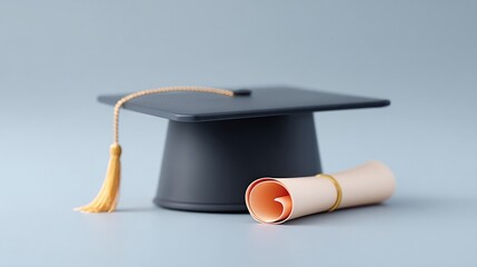 minimalistic graduation scene with cap and scroll on plain background