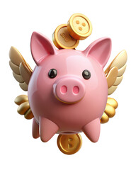 A rosypink piggy bank with golden wings soars, carrying golden coins, isolated on transparent background