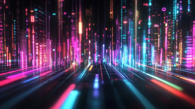 A futuristic financial graph in neon colors over a black background, with digital data points glowing, creating a high-tech aesthetic