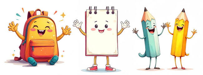 Cartoon groovy school education characters, back to school vector stickers. Cute pencil, student book, backpack, stationery and school supplies groovy  personages 