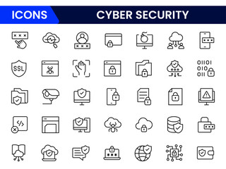Robust vector web line icons depicting cybersecurity, firewalls, encryption, protection, and secure digital systems for safeguarding online environments.