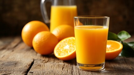 A glass of freshly squeezed orange juice sitting on a rustic wooden table, with a few whole oranges and a juicer in the background, evoking a refreshing feel.