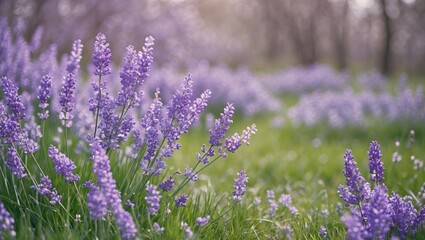 Blossoming of Lilac Lavender Flower in Green Grass, Natural Floral Seasonal Background with Empty Copy Space for Text
