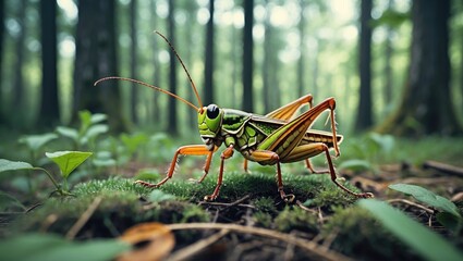 Grasshopper In The Forest, National Park with Empty Copy Space For Text