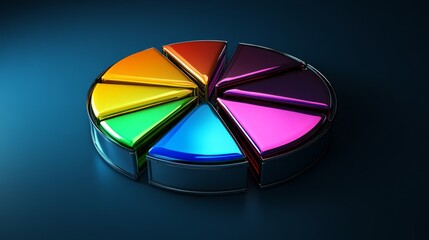A glossy D pie chart with bold colors and metallic details, each slice illuminated, creating a luxurious and sophisticated look