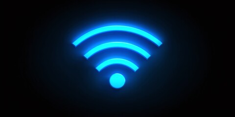 A glowing, blue wifi symbol against a black background, simple and modern, it suggests connectivity and wireless technology.