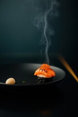 A realistic photo of a gourmet gunkan-style sushi with torched salmon on top, garnished with glistening ikura (salmon roe), emitting a trail of smoke. 