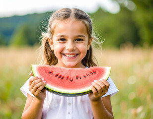 Una niña rubia sonriente comiendo una jugosa raja de sandia en las manos, alimento perfecto para una dieta saludable y para la sed del verano