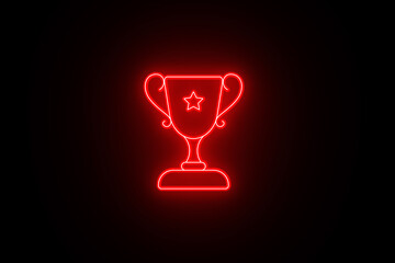 Neon Red color trophy cup icon. Neon gold trophy cup sign on black background. Bright Trophy line icon. A Neon golden trophy cup icon illustration on black background.