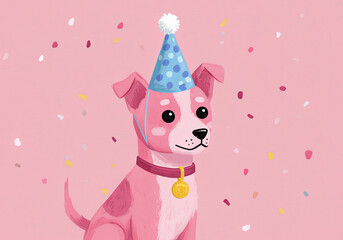 Illustration of a cute pink dog in a colorful birthday hat