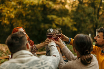 Friends toasting red wine glasses at outdoor autumn picnic