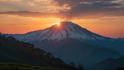 Amazing Sunrise at Mountain seen during sunrise, illuminating the landscape with warm colors. Nature and scenery. The beauty of sunrise over a mountain.