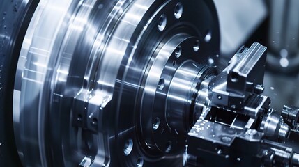 Close-up of machined part turning on a lathe, showcasing a metal component precision-cut by a carbide tool with chips flying and coolant spraying