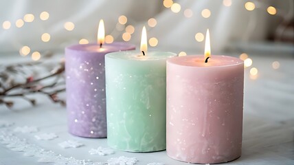Three pastel candles burning with bokeh lights