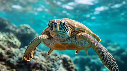 Obraz premium Close-up of a sea turtle swimming in the ocean.