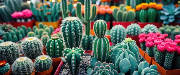 Fototapeta premium Cactus And Succulent Plants In Flower Market with colorful flowers and greenery. Gardening and plant shop. Nature and botany concepts. The diversity of succulents and cacti.