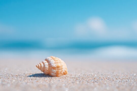 minimalistic shot of tranquil beach scene with lone seashell resting on untouched sand evoking relaxation and simplicity