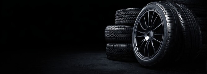 Black background with a black car wheel and tire, with chrome rims on the rim.