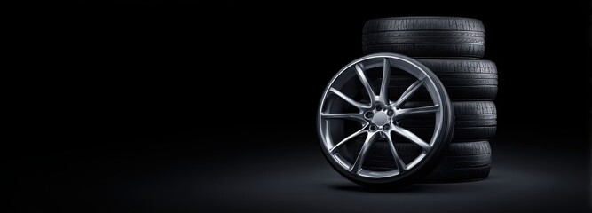 Black background with a black car wheel and tire, with chrome rims on the rim.
