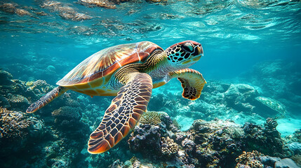Colorful sea turtle swimming in coral reef.