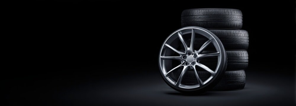 Black background with a black car wheel and tire, with chrome rims on the rim. - Powered by Adobe
