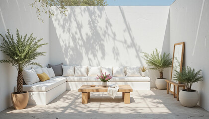 Obraz premium Serene Minimalist Patio Modern Outdoor Sofa Plants and Wooden Coffee Table