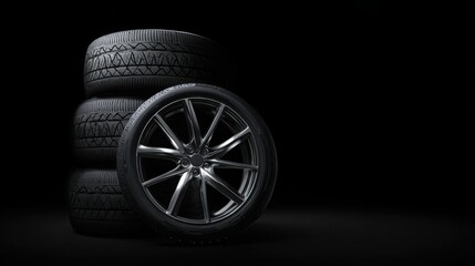 Black background with a black car wheel and tire, with chrome rims on the rim.