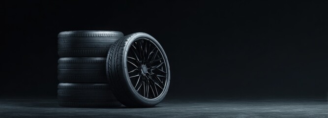 Black background with a black car wheel and tire, with chrome rims on the rim.