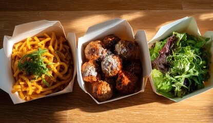 Three takeout containers with pasta, meatballs, and salad