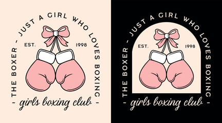 Boxing girls club logo boxer fighter badge strong women female fight training squad shirt design funny quotes. Cute preppy gloves with bow retro pink black aesthetic illustration sticker poster print.