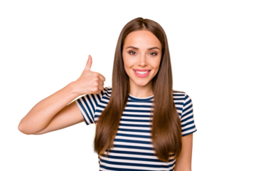 Portrait of lovely lady showing like sign advertising promotions wearing striped t-shirt isolated over yellow background