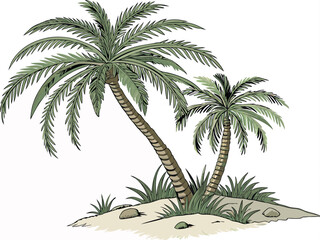 Tropical Palm Trees on a Sandy Island with Green Grass Illustration