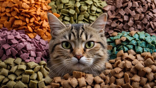 A background of dried cat food in various colors with a cat's face in the center.