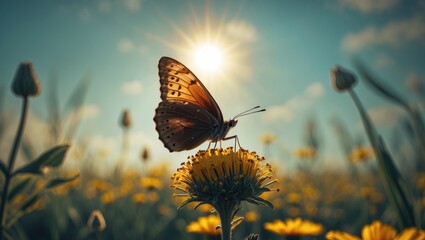 Brown butterfly on a yellow flower under the sun in a field with other flowers.