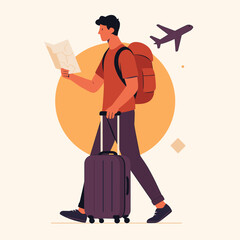 Fototapeta premium Modern Flat Style Travel and Exploration vector Illustration Featuring Young man Traveler, Large Suitcase, Passport, Airplane Symbol, and Map