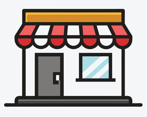 Simple Storefront Illustration with Red and White Awning and Gray Door