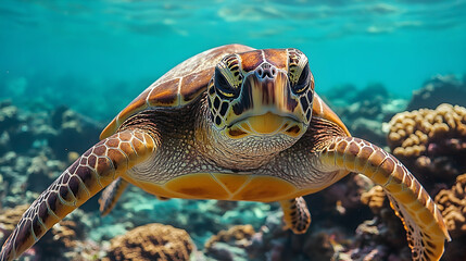 Fototapeta premium Close-up view of a sea turtle swimming in turquoise water.