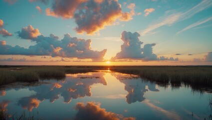 Sunset and clouds and sky reflected in marsh near coast with empty copy space for text
