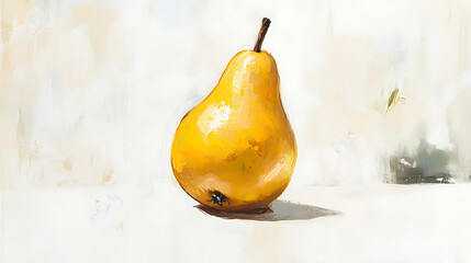 A vibrant yellow pear stands against a textured, bright background in this still life composition, evoking a sense of freshness and organic beauty.