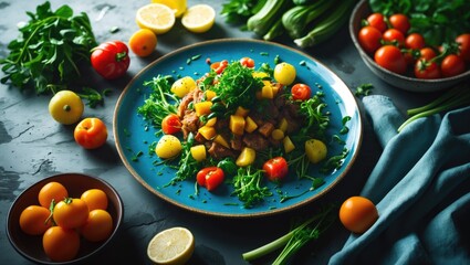 A plate of food on a table with vegetables and ample empty space for text