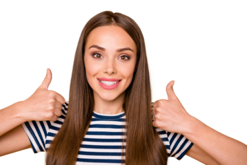 Close up photo of lovely youth showing thumb up advertising promotions smiling isolated over yellow background