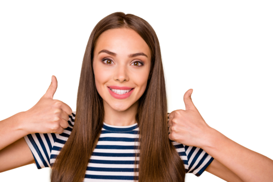 Close up photo of lovely youth showing thumb up advertising promotions smiling isolated over yellow background - Powered by Adobe