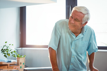 Senior man leaning on table in bright workspace with potted plant and stacked boxes, copy space © wavebreak3
