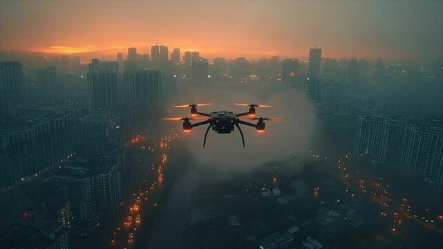 Drone flying over cityscape at sunrise. Foggy urban landscape
