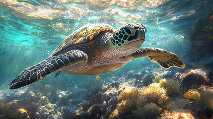 Obraz premium A sea turtle glides through a vibrant underwater scene.